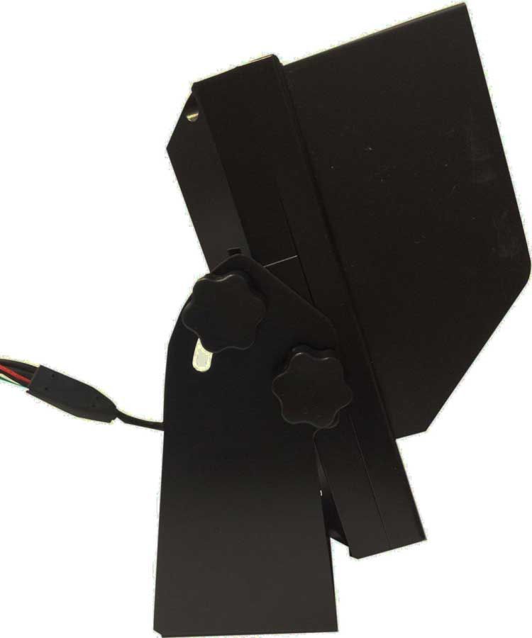 Black monitor on a stand with adjustable knobs and a wire extending from the side.