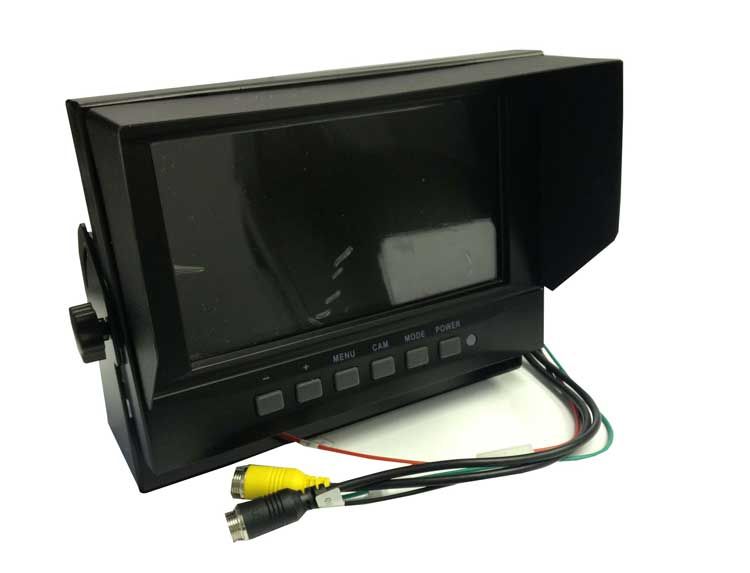 Black monitor with attached sunshade and RCA connectors; a rearview camera system component.