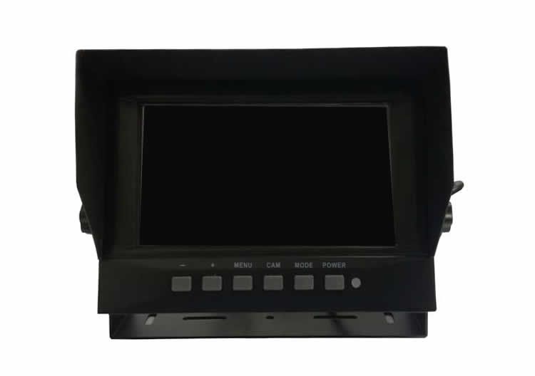 Black rectangular monitor with a hood, with buttons beneath the screen.