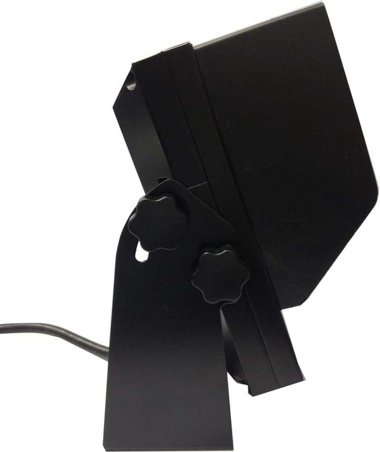 Black outdoor flood light with adjustable bracket and knob fasteners.