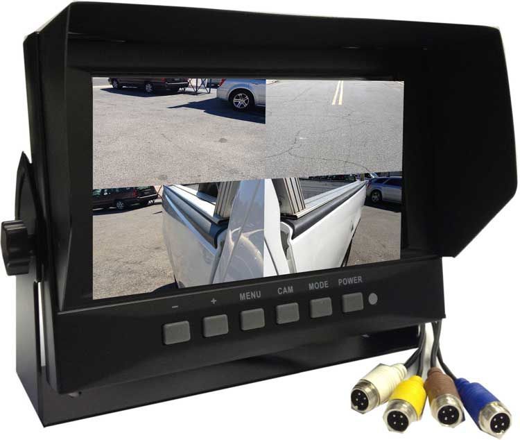 Monitor displaying views from four vehicle cameras. Parking lot setting. Black screen with attached cables.