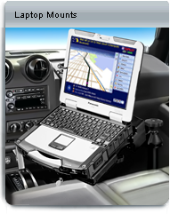 Laptop mounted inside a vehicle; screen shows navigation, gray laptop, black mount, vehicle interior.
