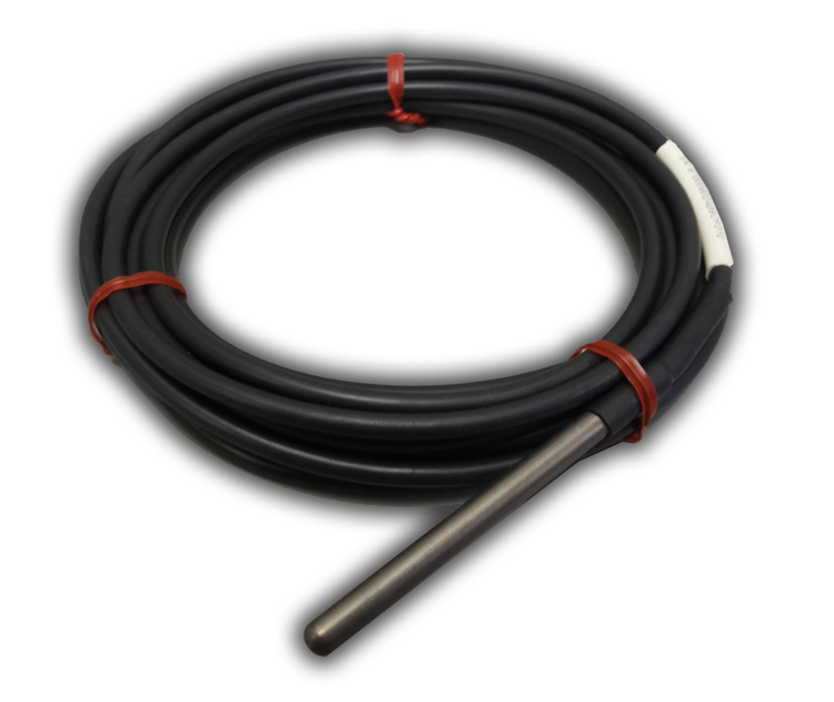 Coiled black cable with a metal probe, held together with red ties.