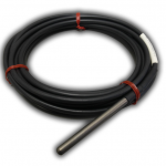 Black cable coiled, with a silver, cylindrical probe attached to one end, secured by red bands.
