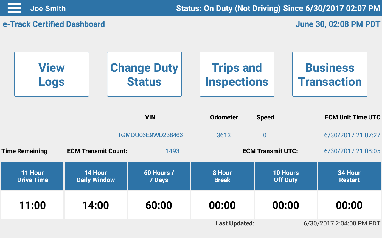 E-Track certified dashboard with duty status, time remaining, and options for logs, status, trips, and transactions.