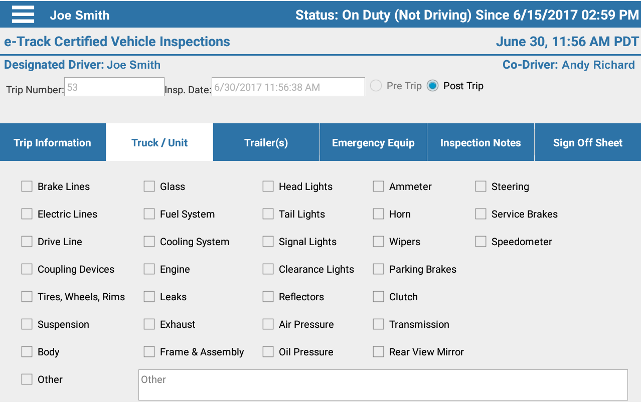 Vehicle inspection form with driver's information and inspection checklists.