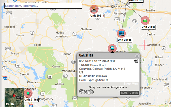Map showing locations of units, with a pop-up displaying details for Unit 211B. The event type is 