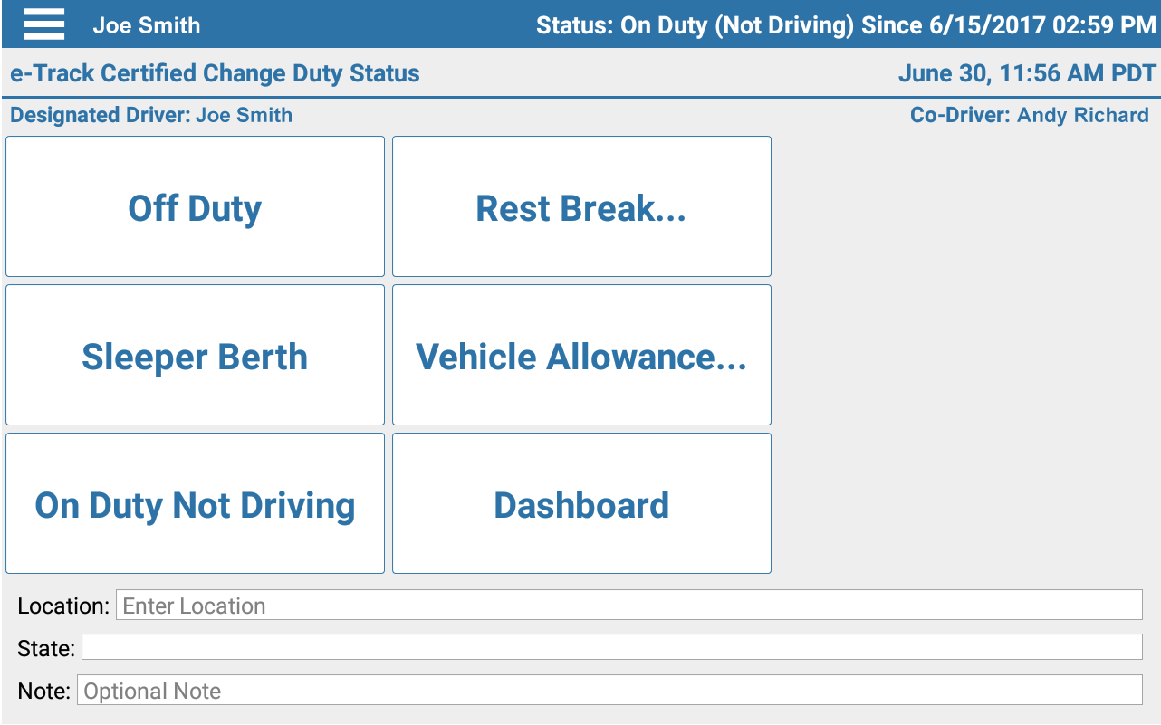 Electronic log screen with driver duty status options: Off Duty, Rest Break, Sleeper Berth, Vehicle Allowance, On Duty Not Driving, and Dashboard.