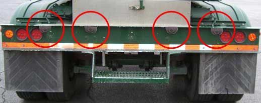 Rear of a green trailer with reflective tape and lights, with four red circles highlighting the mounting hardware.