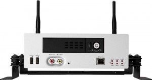 White media player with two antennas, black frame, USB and audio ports.