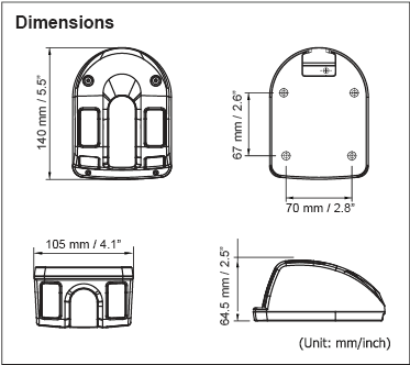 Diagram showing the dimensions of a device, with top, front, and side views and measurements in mm and inches.