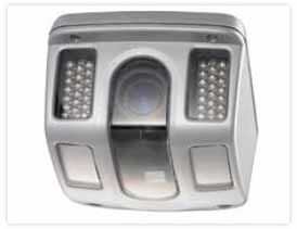 Silver security camera with two LED light panels, a lens, and two motion sensors.