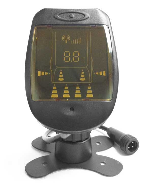 Black car parking sensor with LCD display showing distance and object location.
