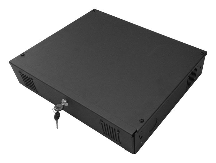 Black security case with a key in the lock, seen from above.