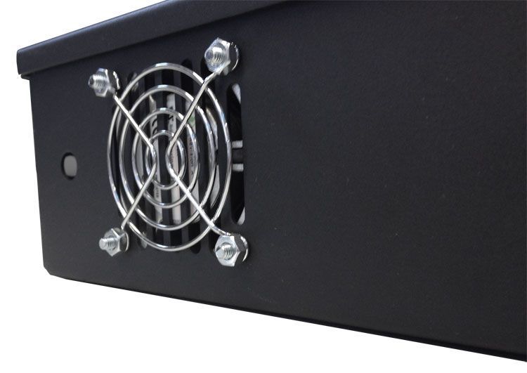 Black metal box with fan and metal grill, likely for cooling electronics.