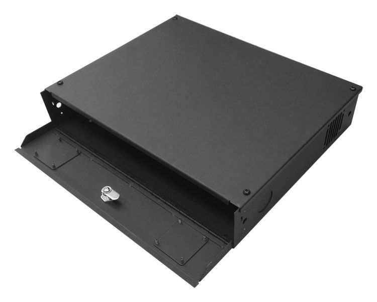 Black metal security box with a key lock, partially open.