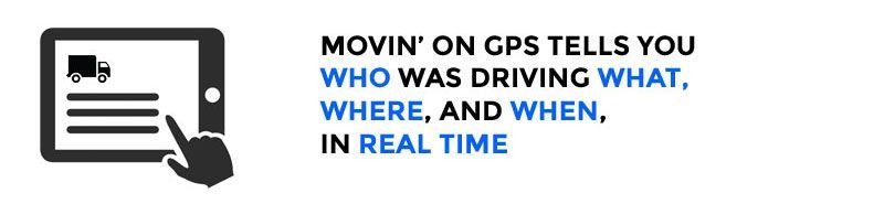 Tablet showing a truck icon and lines of text. Text says: Who, Where, and When, in real time.