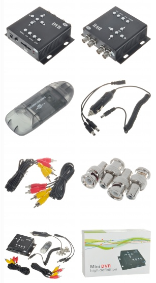 Assorted DVR components: Black boxes, cables, connectors, and car charger, likely for security camera system.