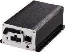 Small black and silver industrial device with antenna, ports, and power button.