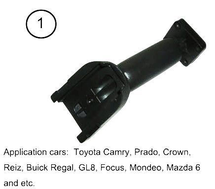 Black car part, possibly a mount or bracket, with text listing compatible car models: Toyota, Buick, Ford, Mazda, etc.