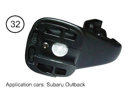 Black side mirror base for Subaru Outback. Includes circular part.