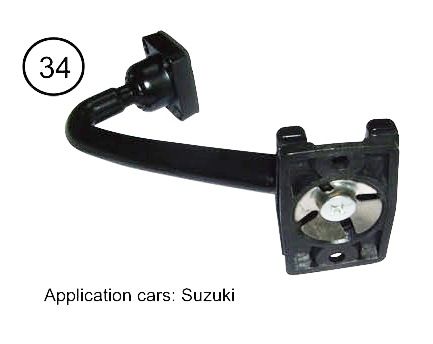 Black Suzuki car part, a mirror arm, with a square mounting base and adjustable head.