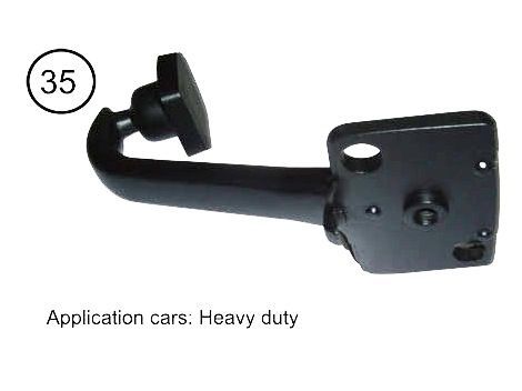 Black, heavy-duty vehicle mirror arm with a square head and a mounting plate.