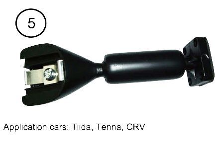 Black car mounting bracket with a screw; labeled '5'; applications: Tiida, Tenna, CRV.