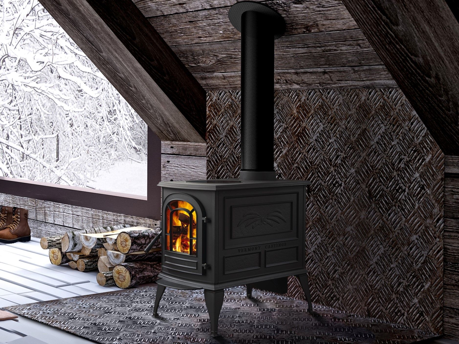 A wood stove is sitting in a room next to a window.