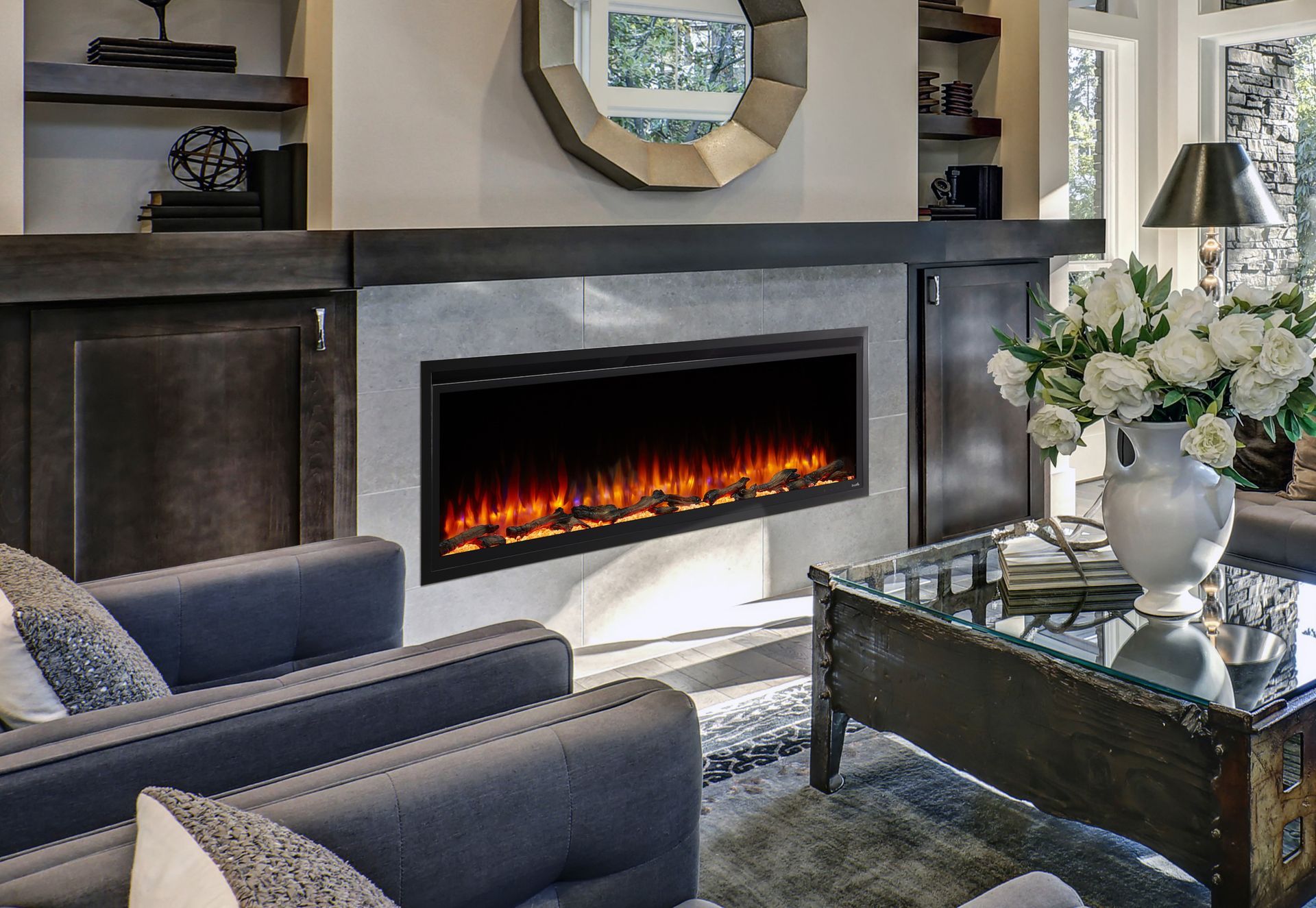 A living room with a fireplace and a coffee table