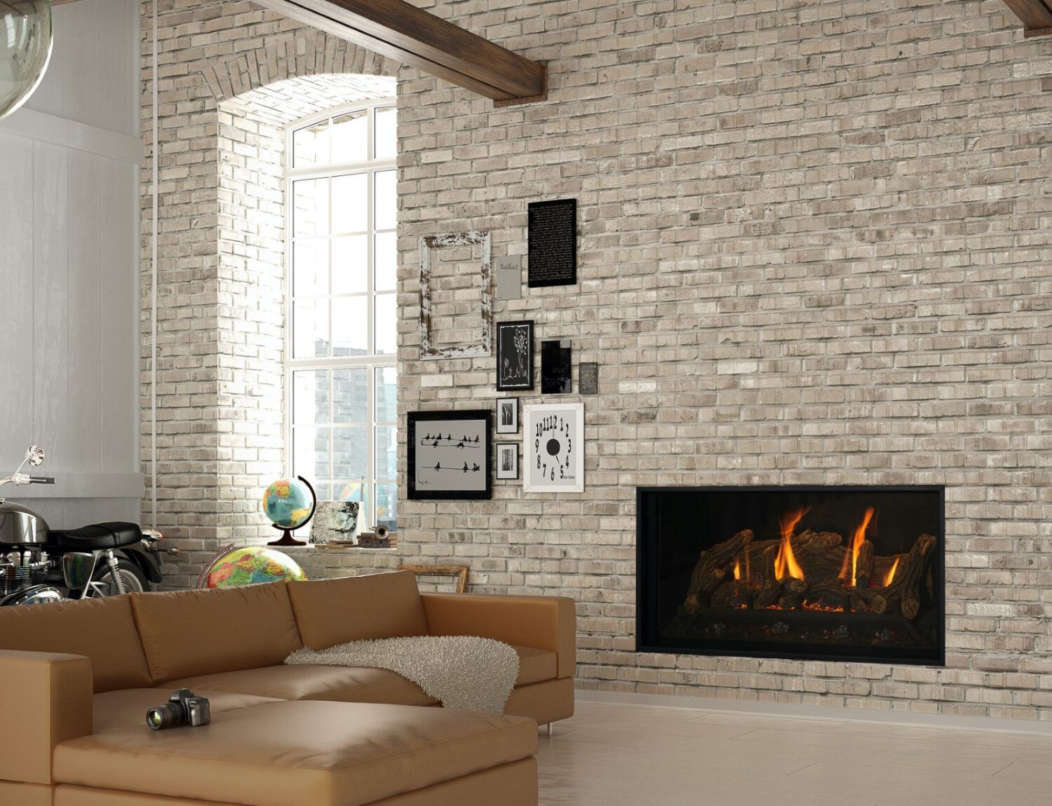 A living room with a brick wall and a fireplace.