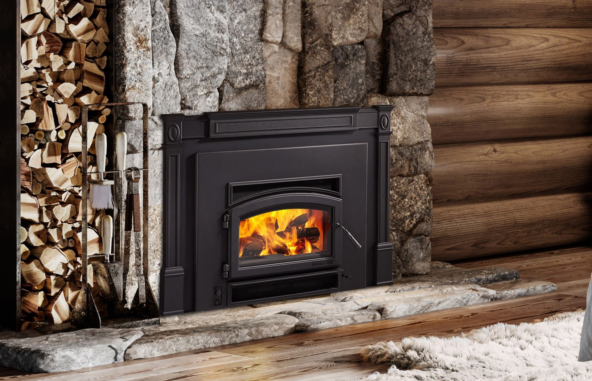 A wood stove is sitting in a fireplace next to a pile of logs.