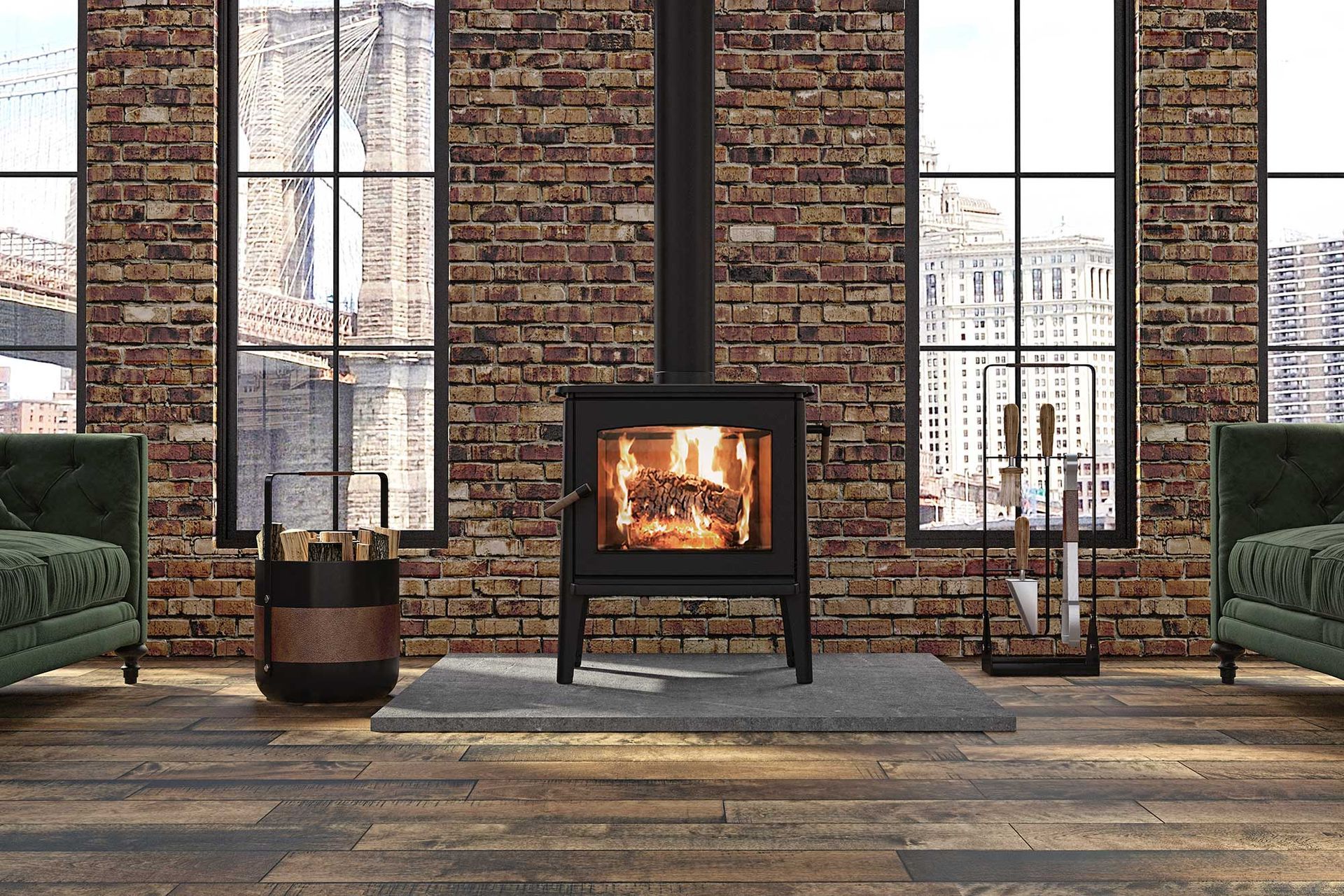 A wood stove is sitting in a living room next to a brick wall.