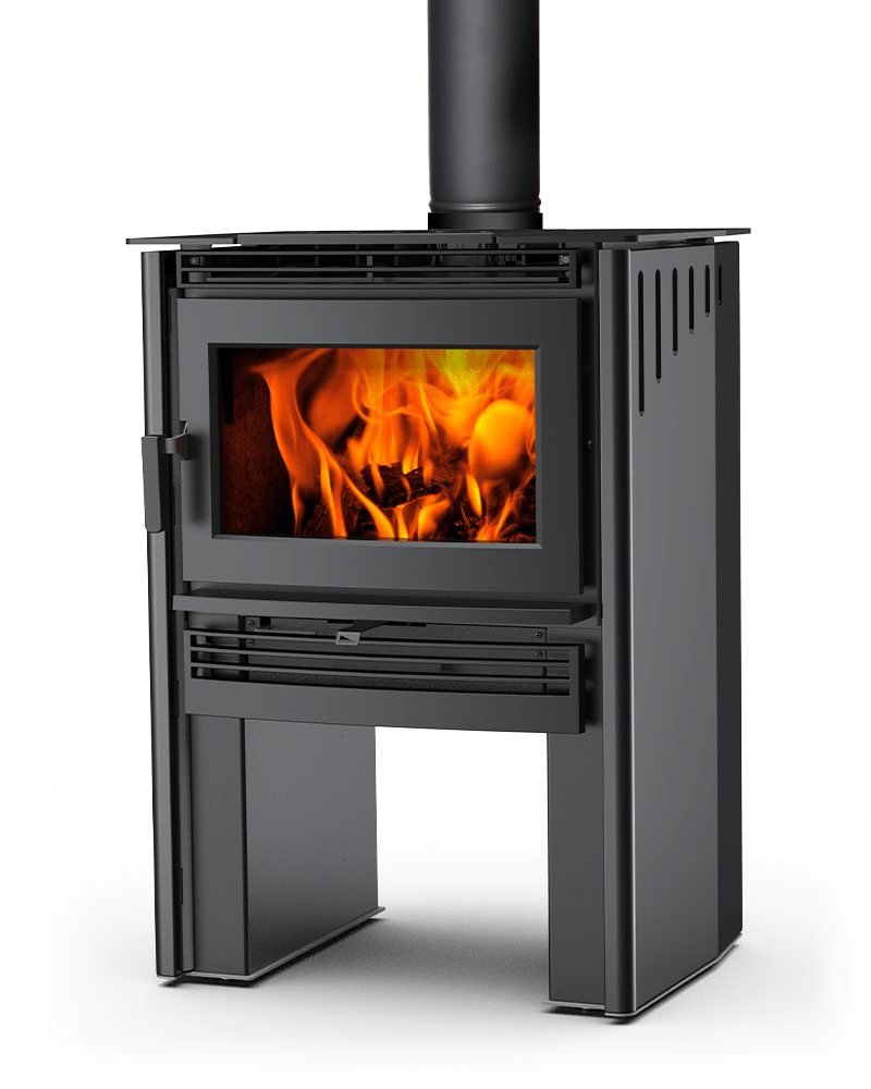 Black wood-burning stove with flames visible through glass door. Black chimney extends upward.