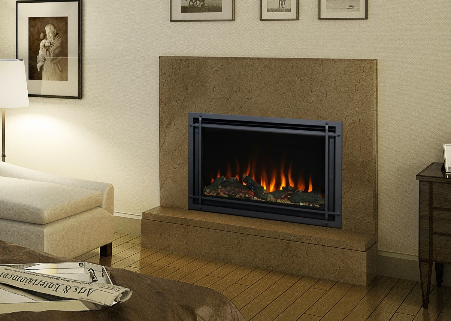 A living room with a fireplace and a couch