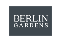 Berlin Gardens logo in white serif text on a dark gray background