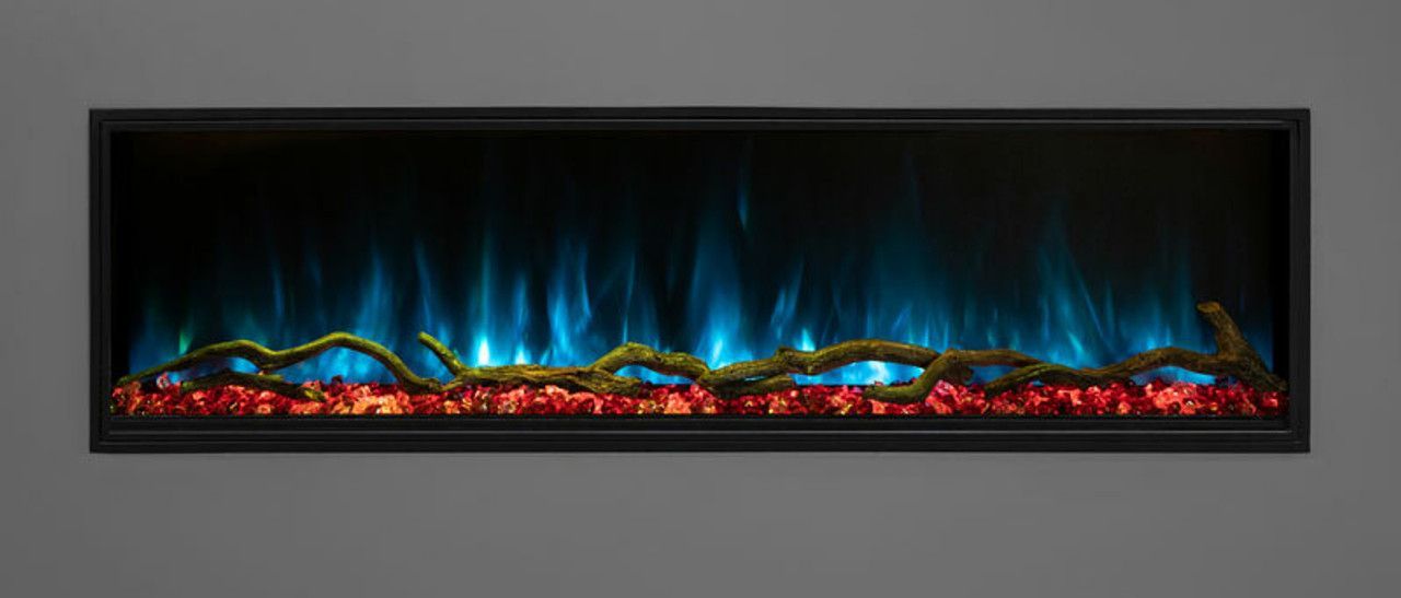 A wall mounted electric fireplace with blue flames and red embers.