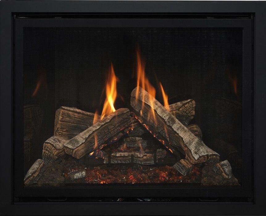 Gas fireplace with burning flames and faux logs, set within a black frame.