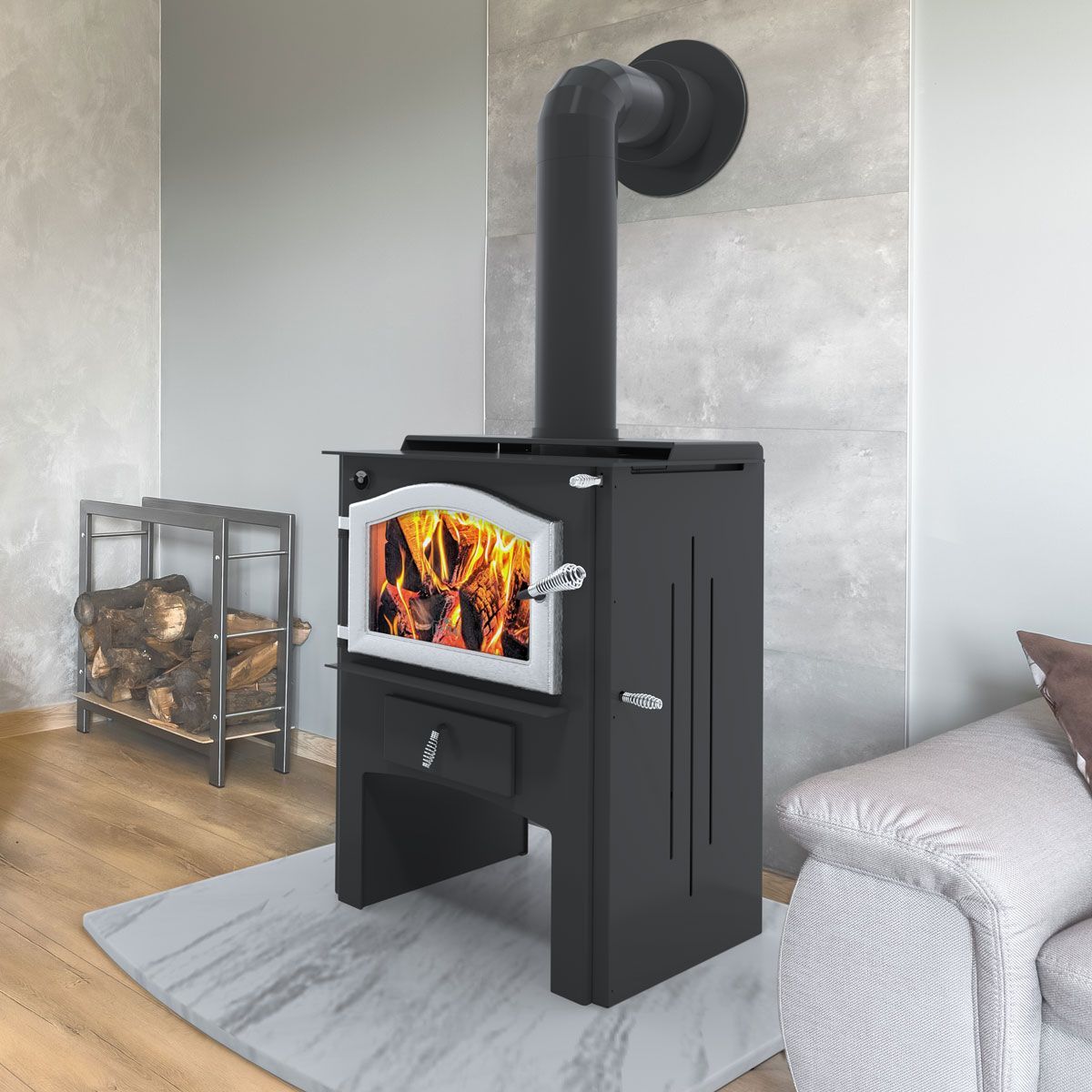 A wood stove is installed in a living room next to a couch.