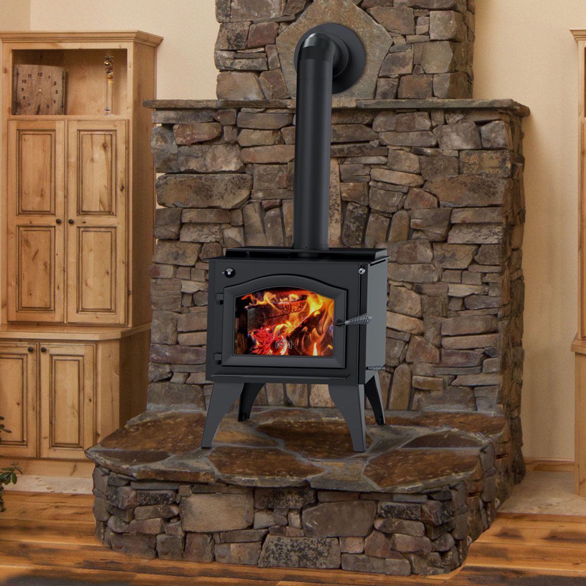 A traditional wood stove set against a stone fireplace backdrop.