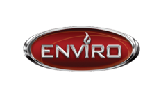 A red and silver logo for enviro with a flame on it.