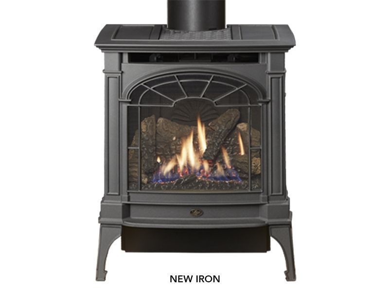 Black cast-iron wood stove with visible flames and the label “NEW IRON”