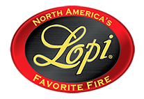 Lopi logo on a red oval badge with yellow script and the words “North America’s Favorite Fire”