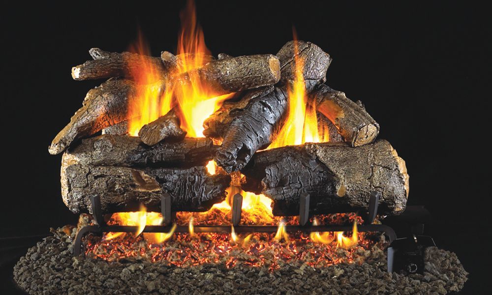 A fireplace with logs and flames on a black background.