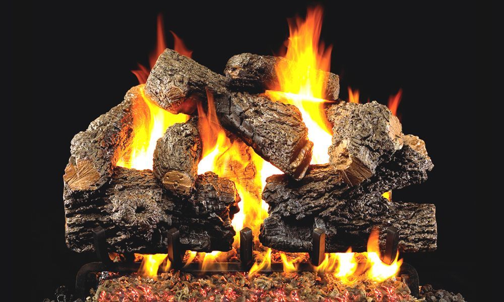 A fireplace with logs and flames on a black background.