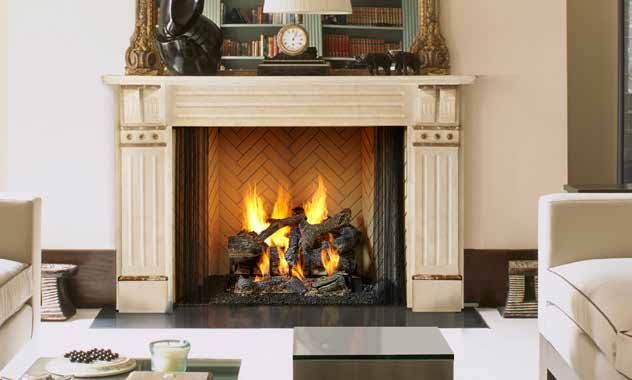 Living room with lit fireplace, cream mantel, and modern furniture