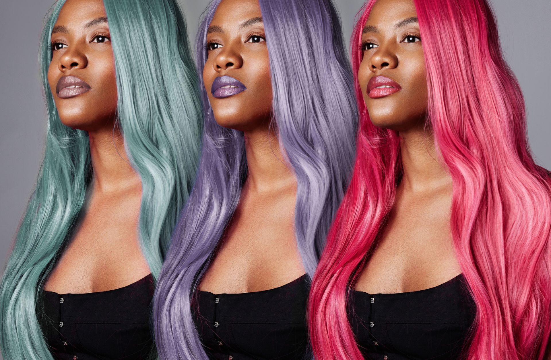 An image of the same woman copied next to each other with different colored hair.