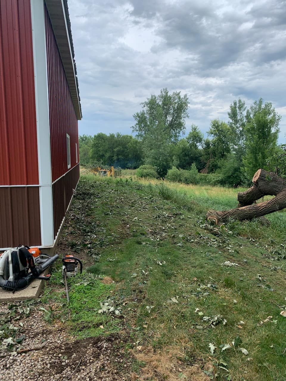 A chainsaw is sitting in the grass in front of a barn