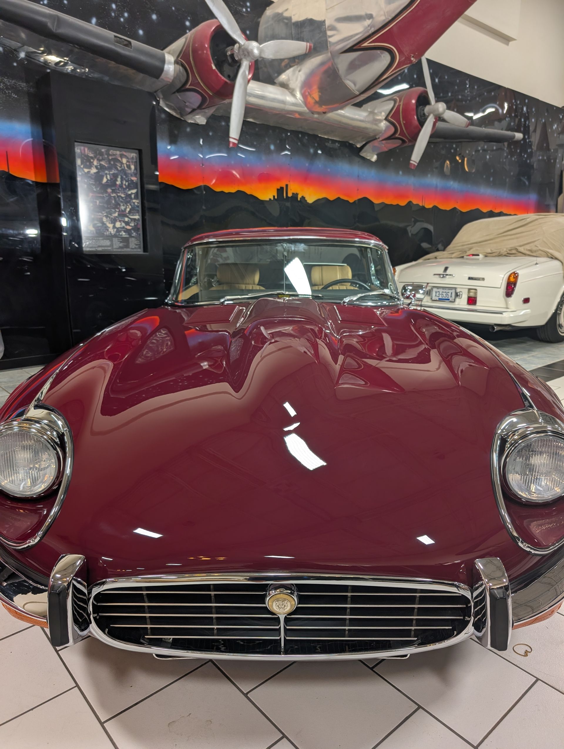 Maroon vintage Jaguar roadster displayed in a museum with a white car and mural in the background