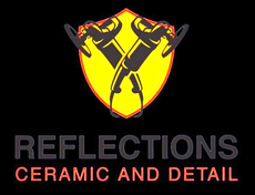 Reflections Ceramic and Detail logo with yellow shield and crossed black detailing tools on black background